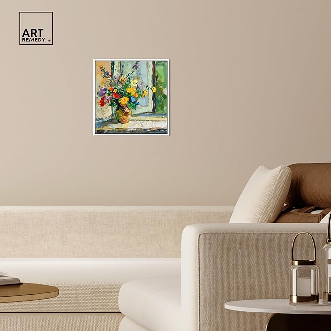 Art Remedy Vase By The Window Framed Impressionism 1 Piece Canvas Wall Art/Monet And Van Gogh Inspired Art, 17" x 17", White Frame