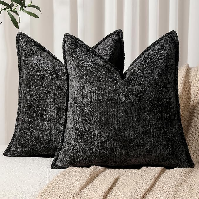 Pack of 2 Black Decorative Throw Pillow Covers 22x22 Cozy Soft Chenille Accent Vintage Square Couch Pillow Covers for Home Decor Bed Sofa Living Room