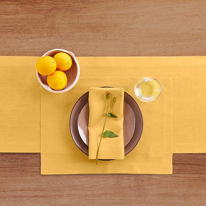 Solino Home Linen Mustard Yellow Table Runner 144 Inches Long - 100% Pure Linen Extra Long Table Runner 14 x 144 Inch for Spring, Easter - Fete