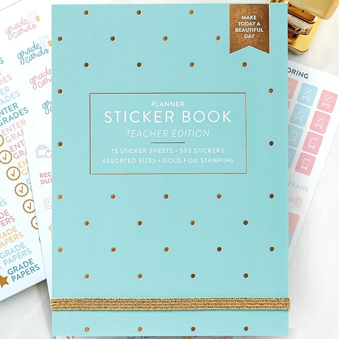 PPP Teacher Sticker Book | Pack of 15 | 503 Colorful Stickers | Assorted Sizes | 5x7 Sheets of Stickers | Gold Foil Stamping | Personalize Your Planner with Flags, Tabs, & Blocks for Educator Events