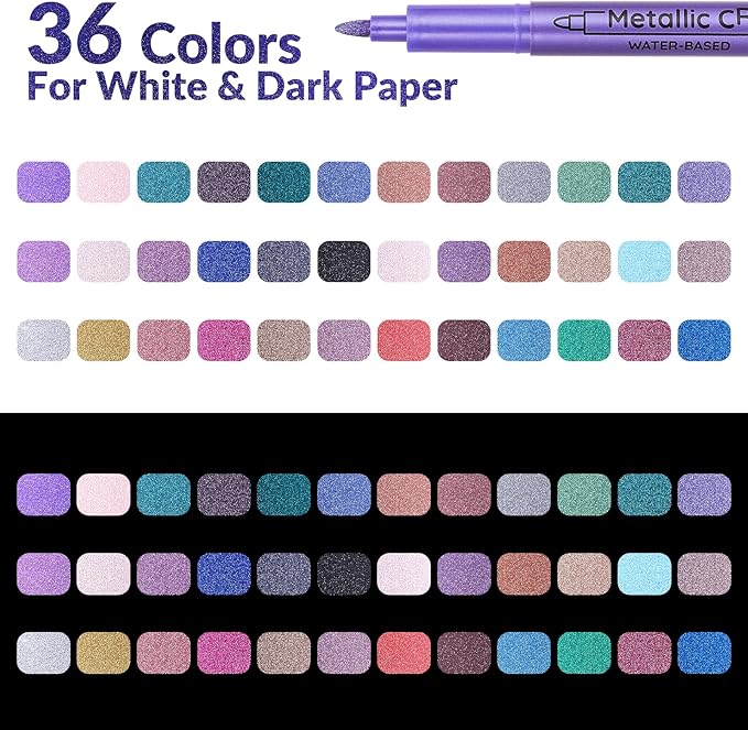 36 Colors Metallic Paint Markers, Acrylic Paint Pens for Rock Painting, Glass, Wood, Fabric, Black Paper, Cards, Scrapbook,DIY Art Crafts (1mm)