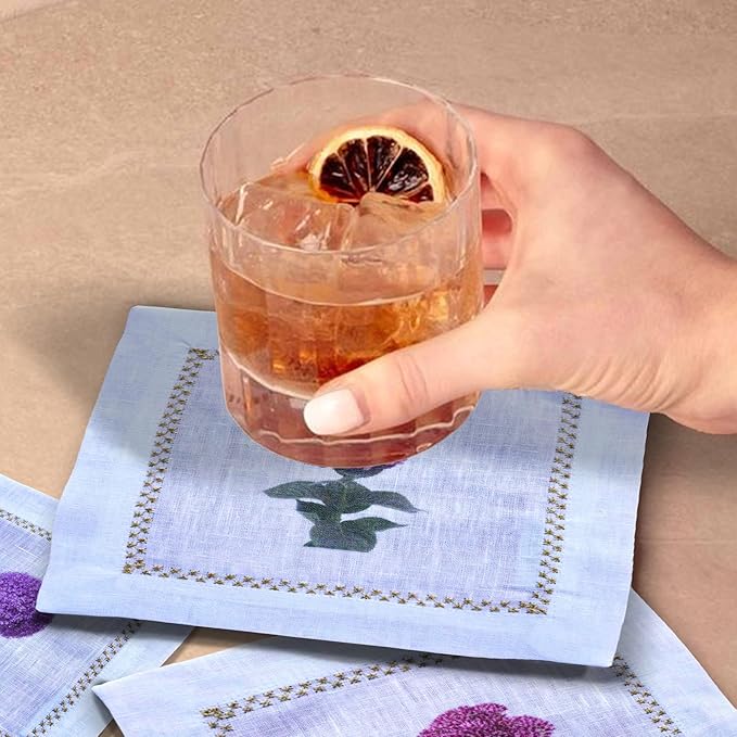 Cocktail Napkins Set of 6, 6x6 inch, 100% Linen, Printed Floral Design, Reusable & Washable Napkin Coasters for Beverages, Parties, Weddings & Everyday Use (Dandelion)