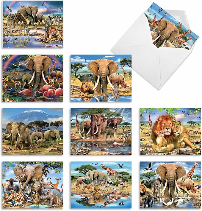 The Best Card Company - 10 Blank Animal Cards Boxed (4 x 5.12 Inch) - Assorted Pets, Zoo, Wildlife Cards for Kids - Savanna Selfies M6640OCB