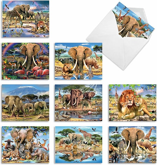 The Best Card Company - 10 Blank Animal Cards Boxed (4 x 5.12 Inch) - Assorted Pets, Zoo, Wildlife Cards for Kids - Savanna Selfies M6640OCB