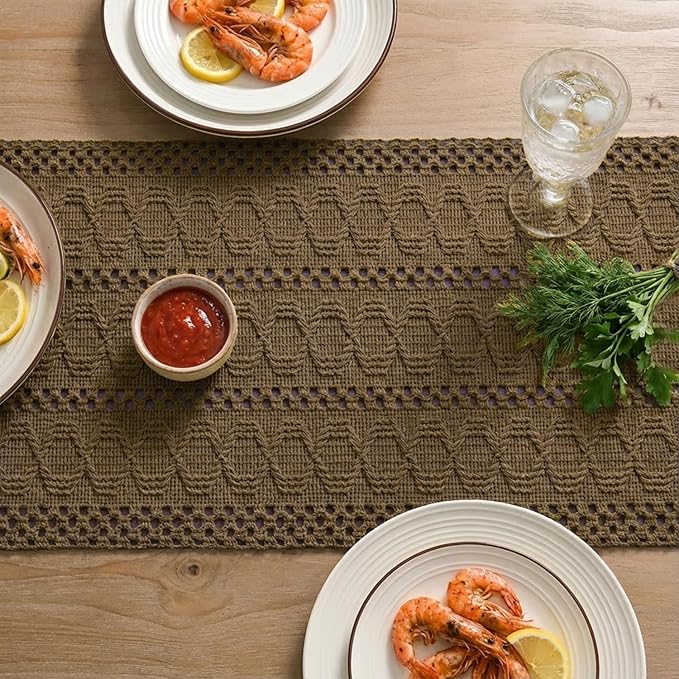 Artoid Mode Light Coffee Farmhouse Woven Rustic Hollow Table Runner, Seasonal Holiday Hollow Kitchen Dining Table Decoration for Home Party Decor 12x60 Inch