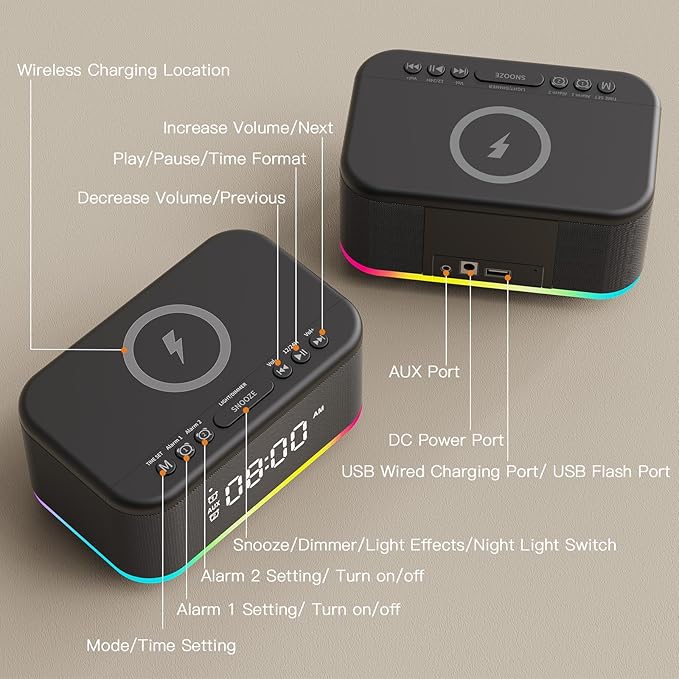 Alarm Clock Speaker Wireless Charger, Digital Alarm Clocks Bedrooms Bluetooth, Alarm Clock Dimmable Light Bedrooms Bluetooth Speaker Dual Alarm Snooze 12/24H Dimmer Support USB AUX, Black