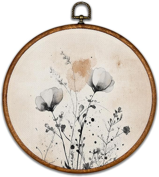 KSDUT Vintage Boho Mid Century Flower Floral Wall Decor Art - Botanical Neutral Wall Art Canvas Frame Hanging Prints, Retro Landscape Wildflower Round Wall Art Decor for Home Decorations 10"x10"