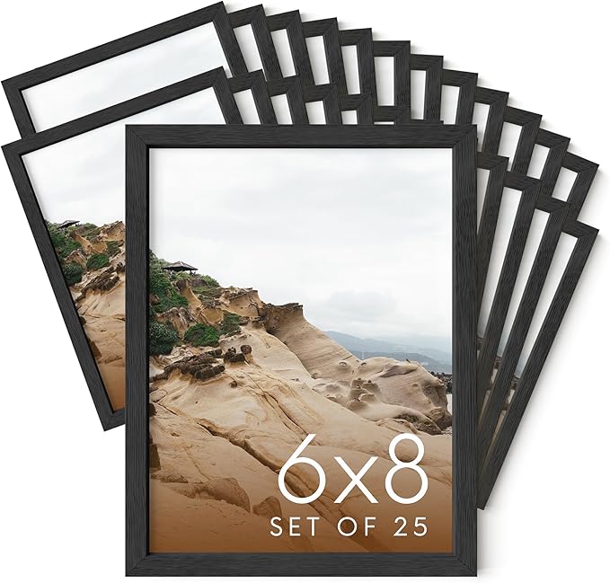 HAUS AND HUES 6x8 Black Oak Frame Set of 25 - Premium Wood, Vertical Display (Shatterproof Plexiglass)