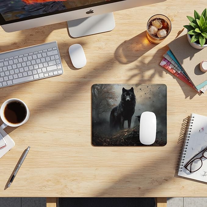 Moody Forest Wolf Raven Mouse Pad, Dark Contemporary Botanical Wolf Crow Bird Mousepad for Desk Home Office Dorm Computers Laptop, Gothic Office Supplies Desk Accessories, 9.5x7.9 Inch