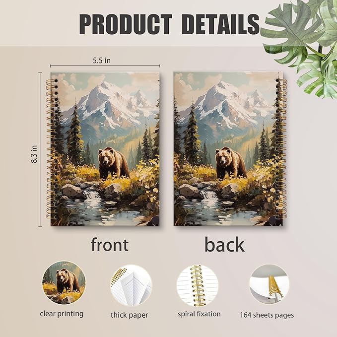 XNXLDYLH Bear Camping Nature Notebook Journal, Rustic Farmhouse Aesthetic Spiral Notebook, Woodland Landscape Camp Journals Notebooks for Women Girls, Bear Office School Supplies Gifts, 5.5x8.3 Inch