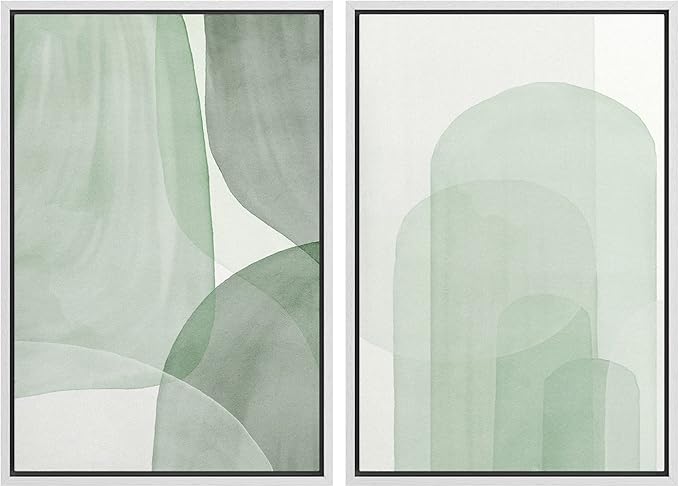 SIGNWIN Framed Canvas Print Wall Art Set Pastel Watercolor Green Polygon Collage Abstract Shapes Illustrations Modern Art Minimal Boho Colorful for Living Room, Bedroom, Office - 16"x24"x2 White