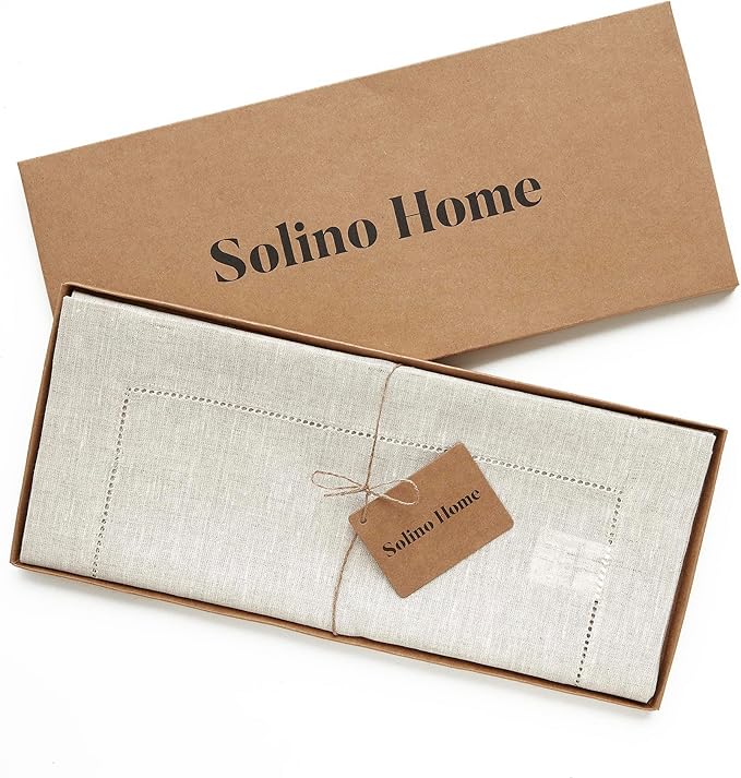 Solino Home Linen Light Natural Table Runner 90 Inches Long - 100% Pure Linen 16 x 90 Inch Table Runner for Spring, Easter - Classic Hemstitch