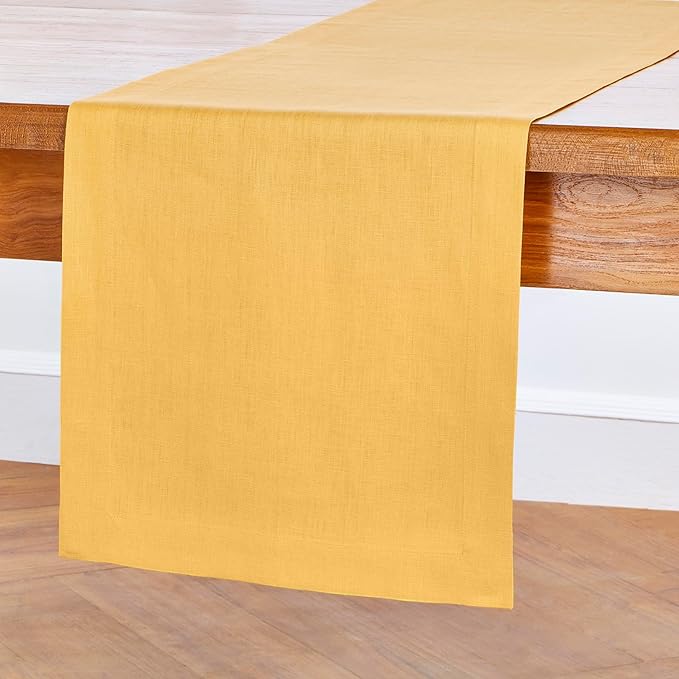 Solino Home Linen Mustard Yellow Table Runner 132 Inches Long - 100% Pure Linen Extra Long Table Runner 14 x 132 Inch for Spring, Easter - Fete
