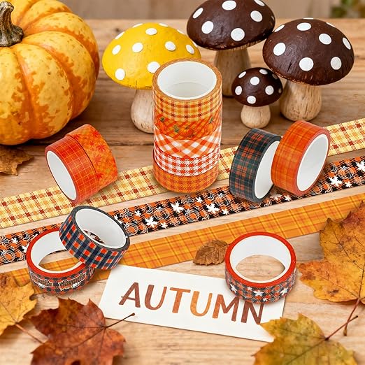 12 Rolls Autumn Washi Tape Set, Thanksgiving Theme Grid Pumpkin Maple Fall Decorative Tape for Bullet Journal, Scrapbooking, Planner, DIY Wrapping Crafts 16.4FT