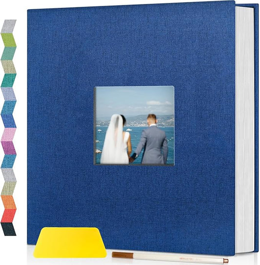popotop Photo Album Self Adhesive with Picture Display Window,40 Pages DIY Scrapbooking Supplies Kit for 4x6 10x12 Picture,Linen Cover Memory Book for Baby Wedding, with Scraper and Metallic Pen