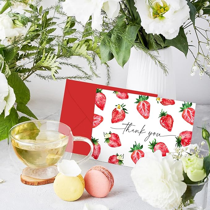 24 Pack Strawberry Baby Shower Thank You Cards Greeting Cards Plaid Blank Note Card with Envelopes Stickers for Girl Birthday Gender Reveal, 4 x 6 Inch