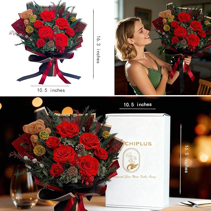 HUACHIPLUS Preserved Bouquet with Bear: Big Flowers Big Love-Romantic Gifts for Her Wife Girlfriend Mom-Flowers for Delivery Prime on Christmas Valentines Day Anniversary Mothers Day Birthday (Red1)