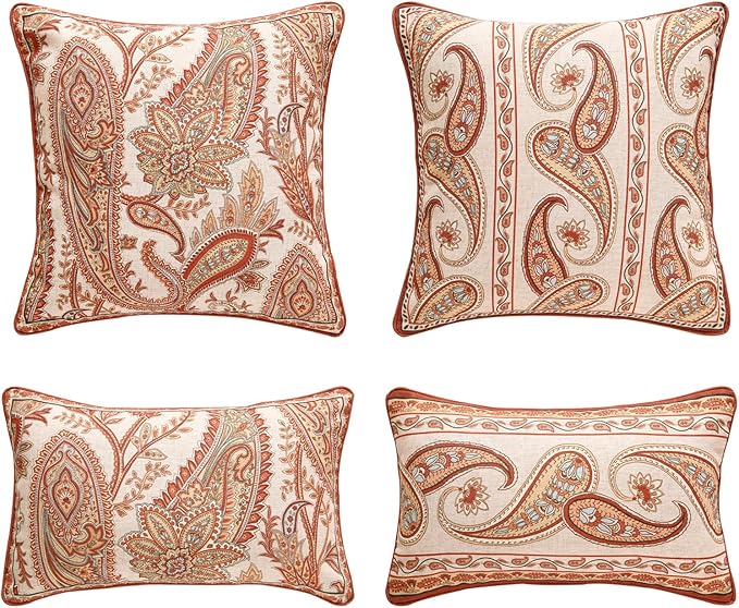 ISAENNE Design Linen Classic Vintage Throw Pillow Covers Set of 4, Lumbar Square Cushion Covers with Orange Yellow Paisley Style Pattern Decoration Pillowcases for Bed,Living Room,Outdoor,Car