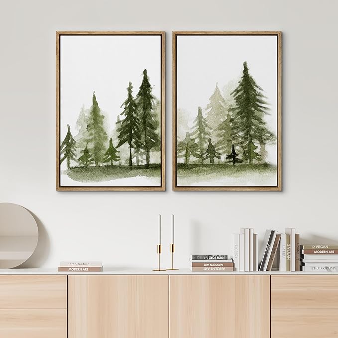 SIGNWIN Framed Wall Art Print Set Watercolor Dark Green Forest Pine Trees Nature Wilderness Illustrations Modern Art Rustic Relax/Calm Multicolor for Living Room, Bedroom, Office - 16"x24"x2 Natural