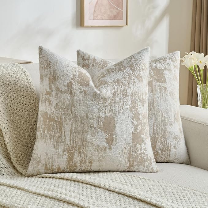 FUTEI Brown White Decorative Throw Pillow Covers 16x16 Inch Set of 2,Jacquard Weave Cushion Case in Soft Faux Cashmere,Modern Home Decor for Couch Living Room
