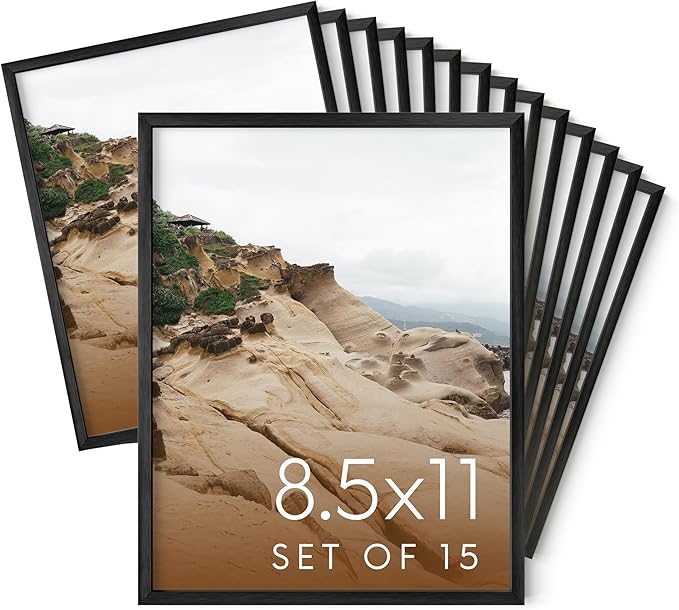 HAUS AND HUES 8.5x11 Black Metal Picture Frames - Features Premium Aluminum & Hanging Hardware, Shatterproof Plexiglass - Ideal for Home, Room, Office (8.5x11 in, Black, Set of 15)