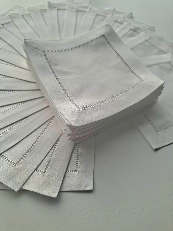 Cocktail Napkins Linen 6"X6" Set Of 50, Linen Blend Cocktail Napkin, Cloth Napkin Coasters Ladder Hemstitch Beverage Party, White Cocktail Napkins Beverage Party Napkin Super Value Bulk 50 Pack