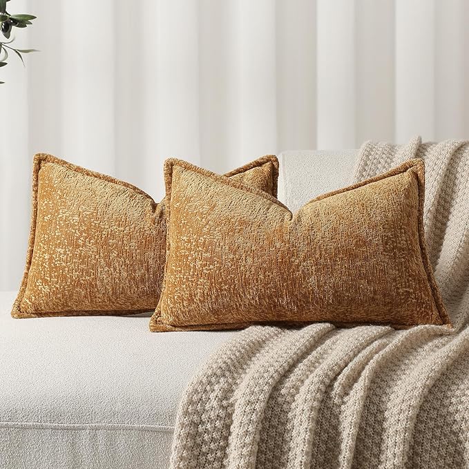 Pack of 2 Golden Brown Decorative Throw Pillow Covers 12x20 Cozy Soft Chenille Accent Vintage Rectangular Lumbar Couch Pillow Covers for Home Decor Bed Sofa Living Room