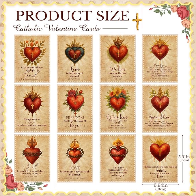 Epakh 48 Sets Religious Valentine's Day Cards Catholic Greeting Card with Brown Envelope Gold Sticker Heart and Cross Exchange Gifts for Godmother Goddaughter Church Couple Friends
