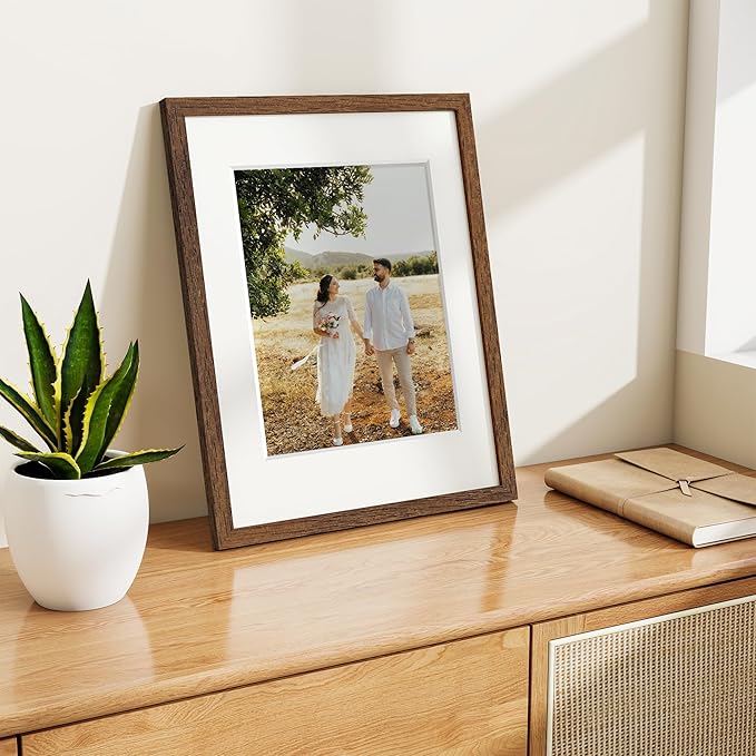 Dreamland 11x14 Picture Frame, Solid Oak Wood Photo Frame with Mat for 8x10, 11 x 14 Matted Picture Frames with Resistant Plexiglass for Wall Art Photo and Prints, Walnut Color, Set of 3