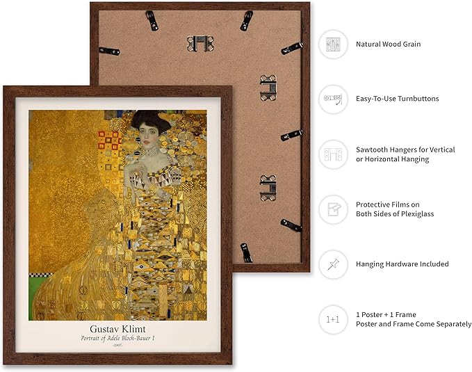 Poster Master Vintage Gustav Klimt Poster - Retro Portrait of Adele Bloch-Bauer Print - Art Nouveau - Lady in Gold Art - Gold Leaf Art - Classic Painting - Living Room Decor - 8x10 Brown Framed