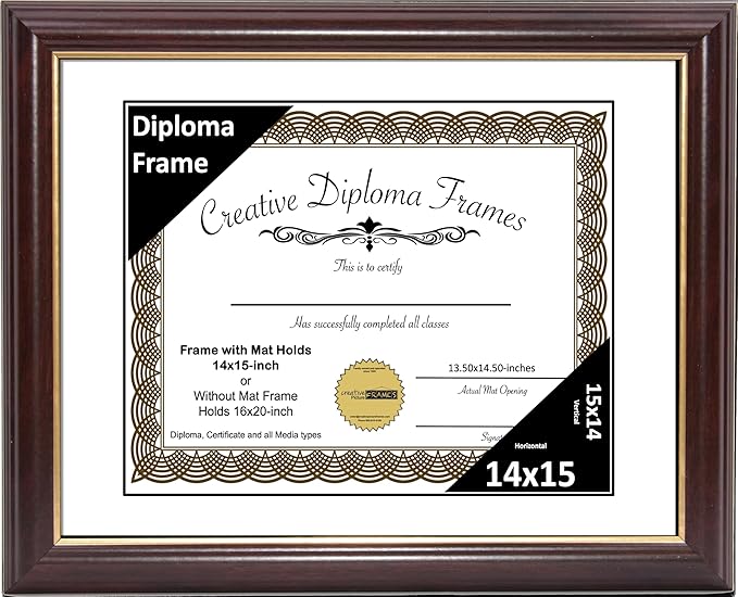 Creative Picture Frames 14x15 Mahogany Gold Rim Diploma Frame with White Mat Glass and Installed Wall Hangers | Frame Holds 16x20 Media without Mat