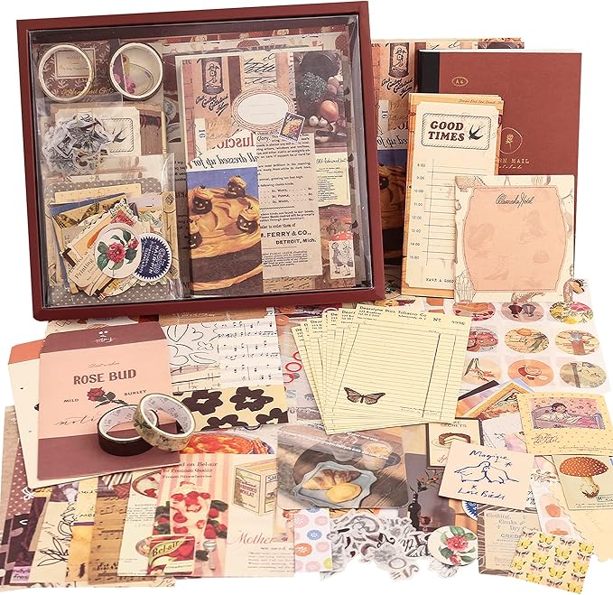 348 Pcs Scrapbooking Supplies Kit, Vintage Aesthetic Scrapbook Kit for Bullet Junk Journal, Stationery, A6 Grid Notebook, DIY Journaling Supplies, Birthday Craft Gift for Teen Girl Kid Women