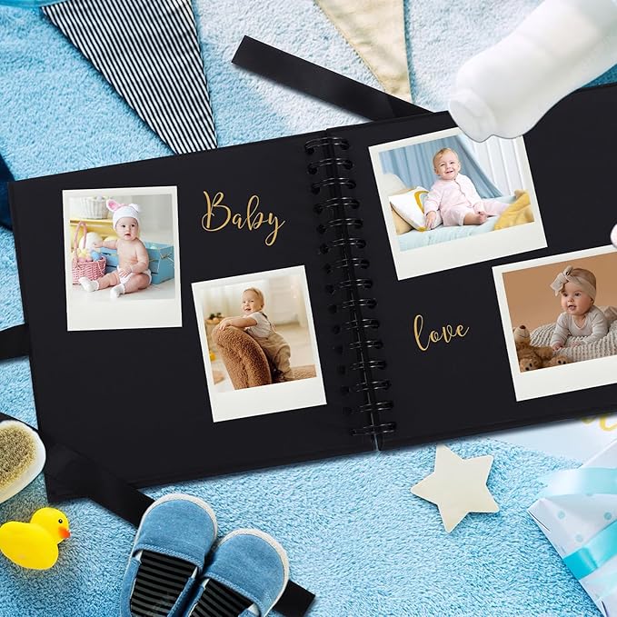 BINBE 10 x 10 Inch Letters to The Baby Scrapbook DIY Blank Paper Album Memory Book for Kids Sign with Pearl Scrapbook Photo Stickers, Metallic Letters, Bows Black