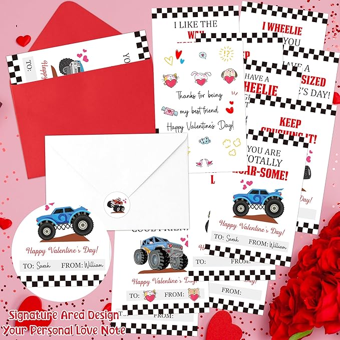 TICIAGA 144pcs Valentine’s Day Monster Truck Greeting Cards with Envelop and Sticker for Kid, 4 x 6 IN Monster Truck Notecard Exchange Gift for Boy Girl School Classroom Supply, Valentines Party Favor