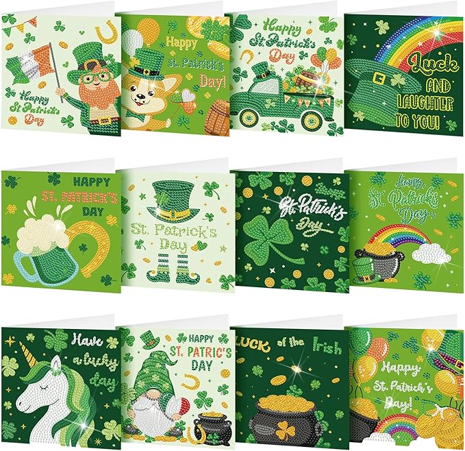 Saillong 12 Pack St Patrick's Day Diamond Painting Greeting Card Kits Green Shamrock Diamond Art Cards with Envelopes 5D Rhinestones Painting Making Kit for Adults DIY Craft Family Friend Holiday Gift