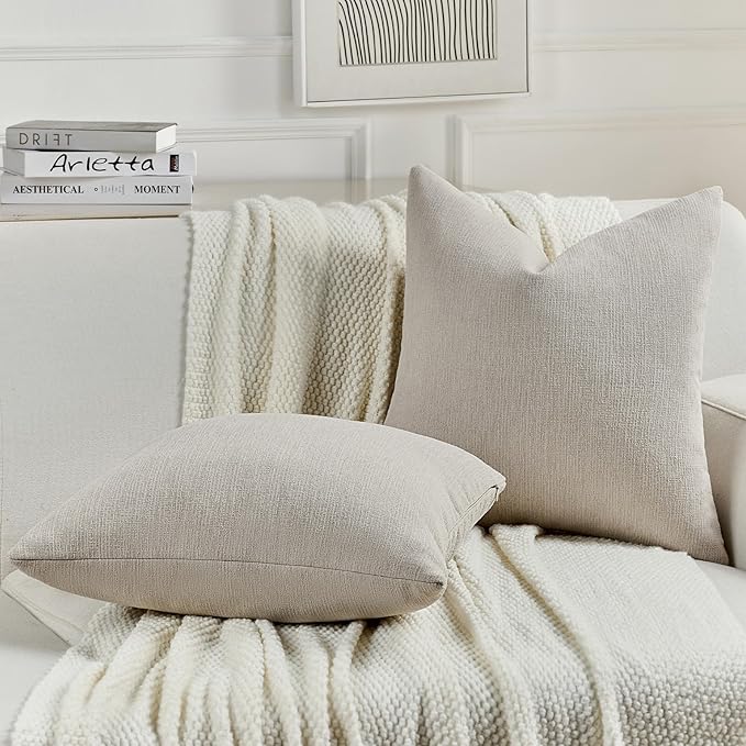 FUTEI Oatmeal Chenille Decorative Throw Pillow Covers 18x18 Inch Set of 2,Soft Cozy Faux Linen Textured Cushion Case,Farmhouse Home Decor for Couch Living Room