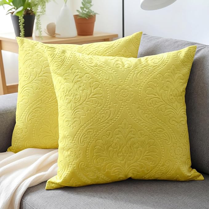 Encasa XO Luxury Embossed Velvet Throw Pillow Covers - Plush Cushion Covers for Elegant Living Rooms & Bedrooms, Machine Washable, 20"x20" Pale Lime | Set of 2 | Covers Only No Insert