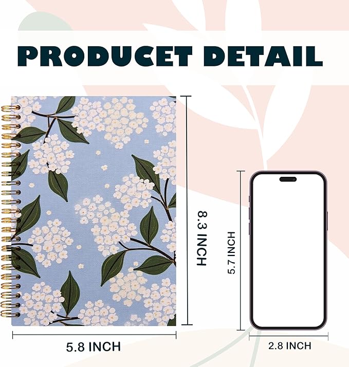 Blue Hydrangea Floral Notebook, Floral Notebook Journal Journaling for Note Taking, Aesthetic Spiral Notebook Journals for Writing, Spiral Notebook 5.5x8.3 Inch