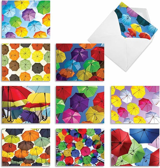 The Best Card Company - 10 Fun Cards for All Occasions for Men and Women (4 x 5.12 Inch) - Boxed Assorted Notecard Set, Blank Inside - Flying Umbrellas M2331OCB