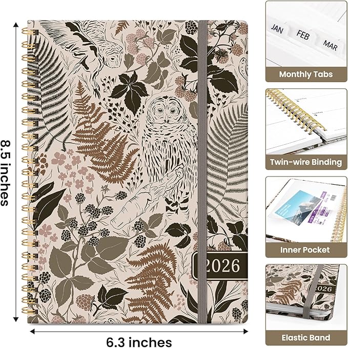 2026 Planner, Monthly and Weekly Calendar Planner for Women, Jan 2026 - Dec 2026, Hardcover Pretty 2026 Agenda Planner Book with Tabs, Spiral Bound, Perfect for School Office Home Supplies, 6.3" x 8.5" - Magical Forest