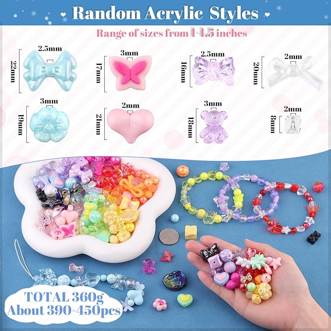 600-650PCS TINKRSTUFF Assorted Acrylic Beads 9 Mixed Colors Cute Beads for Bracelet Making, Bow Aesthetic GummyBear Flower Butterfly Kawaii Charms for Jewelry Making DIY Necklace Keychain Phone Charm