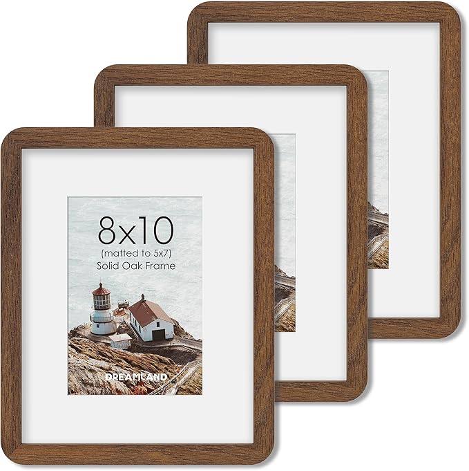 Dreamland 8x10 Picture Frame Set of 3, Solid Oak Wood Photo Frame with Mat for 5x7, Round Corner 8 x 10 Matted Picture Frames with Resistant Plexiglass for Wall Mounting or Tabletop, Walnut Color