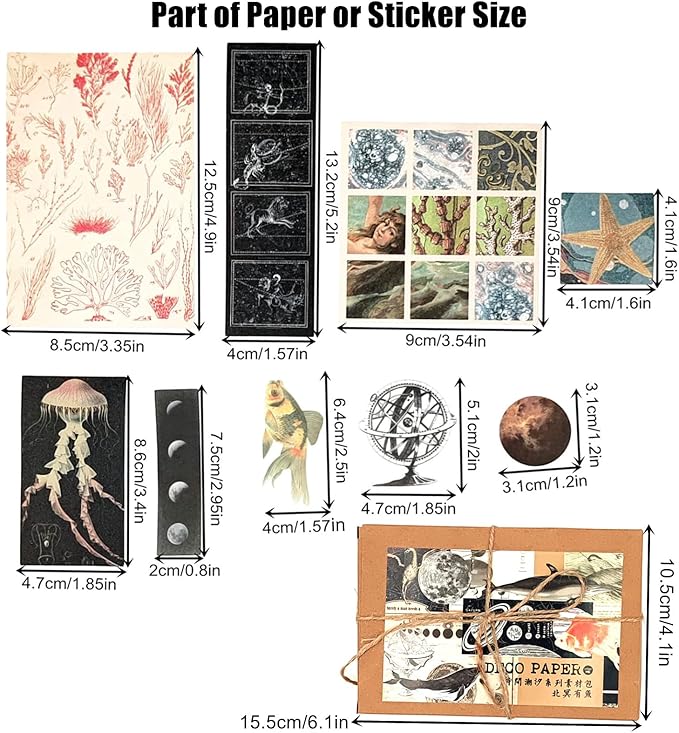 200 Pieces Vintage Ephemera Scrapbooking Supplies Pack for Journaling, Decoupage Paper Scrapbook Stickers Kit for Bullet Junk Journal Planners Collage Craft Notebooks Album (Space and Sea)