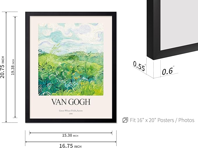 Monem Art Vintage Van Gogh Poster - Retro Impressionist Print - Green Wheat Fields, Auvers, Sky, Leaves, Landscape - Gift for Artist, Friend - Wall Decor for Home, Office, 16x20 Black Framed