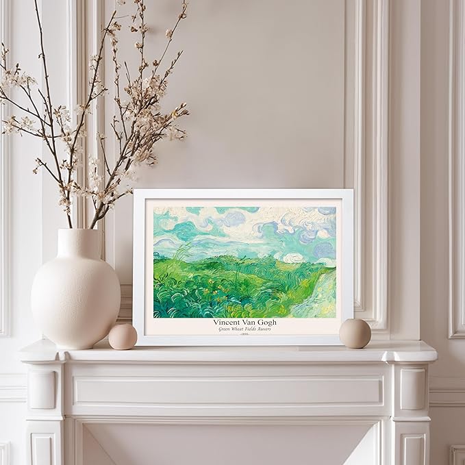 Monem Art Vintage Van Gogh Poster - Retro Green Wheat Fields Auvers Print - Impressionism Art - Fine Art - Landscape Art - Classic Painting Art - Great Living Room Decor - 8x10 White Framed