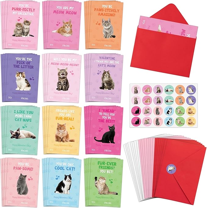 TICIAGA 144pcs Valentine's Day Cat Animal Greeting Card with Envelop and Stickers for Kids, Cute Kitten Catling Pet Notecard Exchange Gift for Boys and Girls School Classroom, Valentines Party Favors