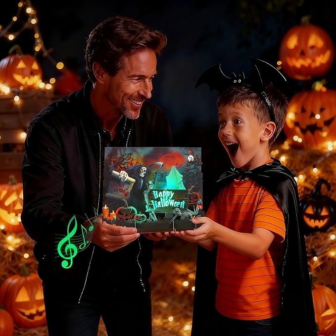 Halloween Cards, Happy Halloween Greeting Card, 3D Popup Card with Light and Music, Horror Skull, Pumpkin, Holiday Gift Card for Husband Wife Mom Men Women