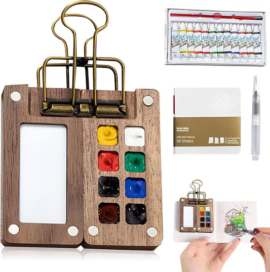 Mini Watercolor Paint Kit, New Portable Watercolor Paint Travel Set, 12 Color Pocket Artist Watercolour Travel Sets, Wooden Grid Paint Box for Painters Artists Students (8 Grids)