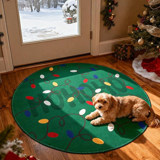 jinchan Jingle Lights Round Christmas Rug for Entryway Bedroom 4ft Green Circle Holiday Rug for Living Room Colored String Lights Printed 4' Xmas Decor Washable Indoor Carpet for Foyer Non-Slip