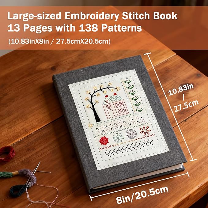 2026 Upgraded Embroidery Stitch Book Kit 6-Ring Binder Clip Design & Oversized 10.8x8.1x1.0 Inches 86 PCS Complete Toolkit with 138 Large Clear Patterns Portable for Beginners Adults DIY Craft & Gift